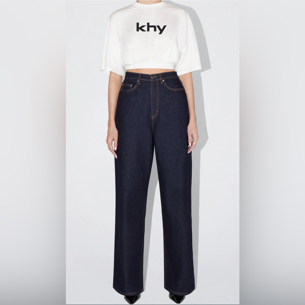 KHY dark wash wide leg jeans.